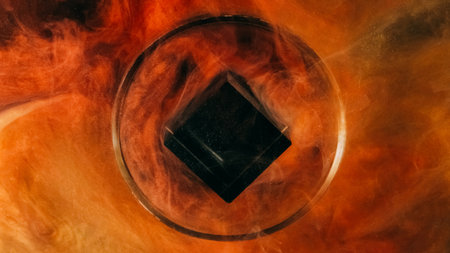 Glitter smoke wave. Ink water drop. Defocused orange red color vapor floating round glass cube geometric abstract art background.の写真素材