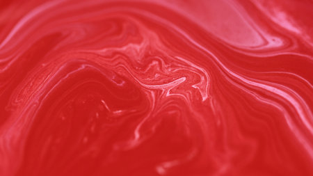 Ink fluid flow. Acrylic dye wave. Defocused red white color pigment liquid paint spill marble texture mix layers emulsion blend abstract art background.の写真素材