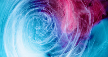 Smoke vortex. Ink blend water. Ethereal aura. Defocused blue pink color glowing steam texture paint floating abstract art background.の写真素材