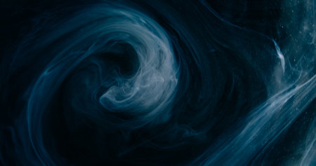 Smoke swirl. Ink water vortex. Blur blue black glowing particles texture mist paint splash wave on dark abstract art background.の写真素材