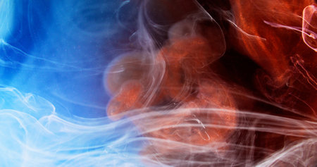 Color smoke. Paint water splash. Defocused red blue vapor cloud glitter particles texture ink mix floating abstract art background.の写真素材