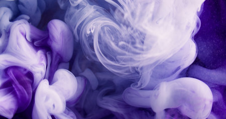 Paint drop water. Smoke cloud. Defocused purple white color vapor blob glitter particles texture ink splash abstract art background.の写真素材