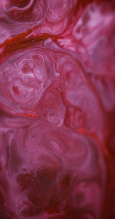 Glitter paint wave. Emulsion splash. Defocused pink red color glowing particles texture liquid mix...