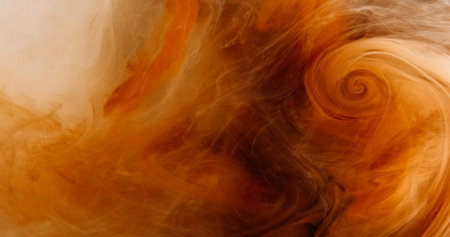 Fog cloud. Magic spell. Floating ink vapor mix. Orange glitter swirl haze over dark background mystical wave sparkling texture art.の写真素材