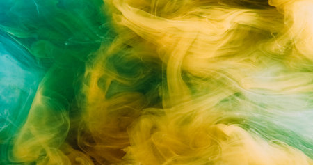 Sparkling steam. Shiny fog cloud. Smog ink paint. Fantasy golden yellow azure vapor shimmering mist creative abstract mystical art background.の写真素材
