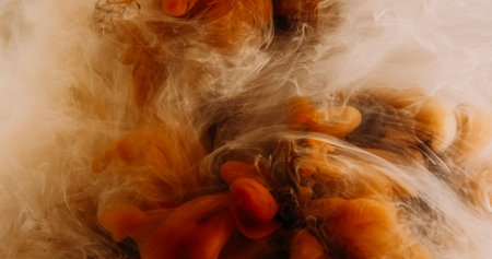 Smoke flow. Magic spell. Floating ink vapor mix. Orange glitter haze cloud over dark background...