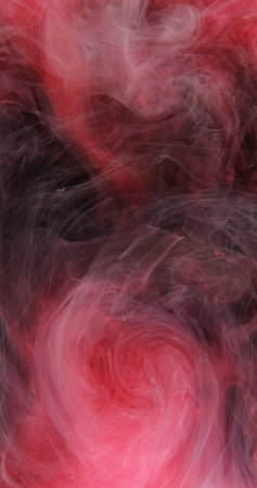 Dust motion. Sparkling steam. Pink red black fog flies ink mix abstract vapor shiny magical hypnotic mist cloud particles art background.の写真素材