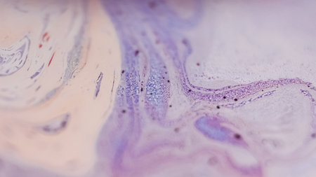 Blur dye mix. Paint flow. Defocused purple orange color liquid acrylic emulsion foam fluid wave...