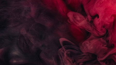 Mist cloud. Paint water blend. Defocused pink black color dust particles texture smog wave on dark...