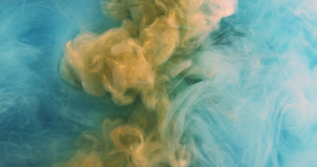 Smoke glitter. Shiny fog cloud. Smog ink paint. Fantasy golden yellow azure vapor shimmering mist creative abstract mystical art background.の写真素材
