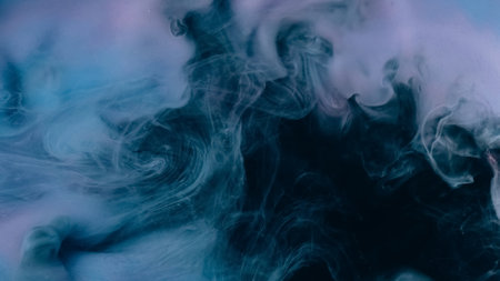 Smoke swirl. Paint water blend. Defocused blue black color dust particles texture smog wave on dark...