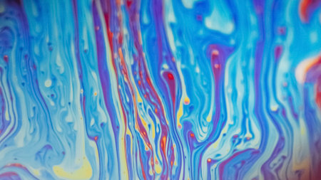 Paint spill. Blur ink mix. Defocused blue orange pink color acrylic dye blend wave flow psychedelic...