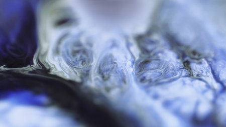 Defocused acrylic blend. Paint wave. Blur blue white black color mist texture fluid spill flow decorative abstract art background.の写真素材