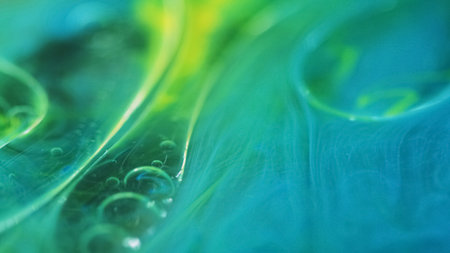 Color mist. Paint water mix. Defocused cyan blue green transparent oil bubbles floating liquid foam...