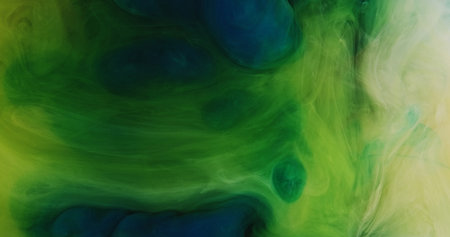 Paint water mix. Smoke cloud. Blue green color splash mist floating texture wave spreading abstract...