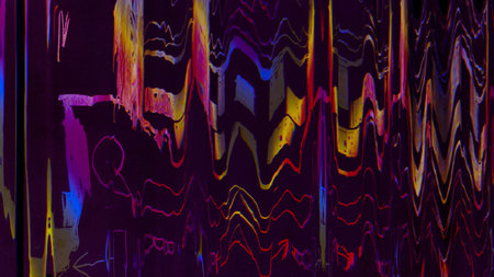 Glitch noise overlay. Digital distortion. Yellow red purple neon color electronic frequency waves...