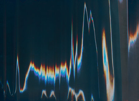Glitch texture. Color distortion overlay. Digital artifacts. Blue orange white light flare rgb split wave static noise cracked screen dark illustration art abstract background.の写真素材
