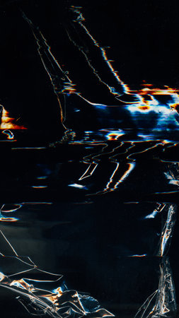 Glitch overlay. Creased film texture. Blue orange white color light flares artifacts dust scratch...