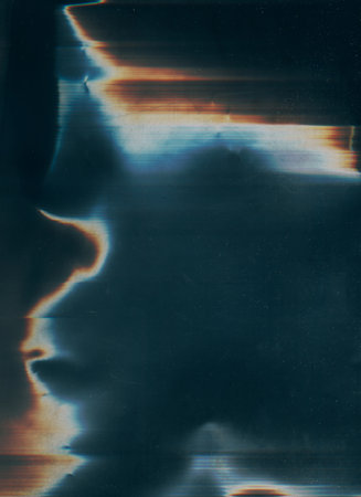 Old film overlay. Dust scratch texture. White orange blue color light flare fuzzy waves defect stain weathered used effect surface dark illustration art abstract background.の写真素材