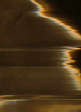 Display glitch. Color distortion overlay. Old film defect. Yellow blue white fuzzy wave light flares...