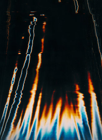 Glitch display. Digital noise. Distortion overlay. Blue orange white color light flare artifact dust...
