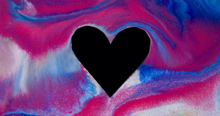 Paint passion. Heart love. Defocused red blue multicolor black shape frame ink texture spilling on abstract art romantic background.の写真素材