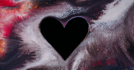 Love heart. Paint affection shape. Defocused white crimson multicolor black frame ink texture on abstract art romantic background.の写真素材