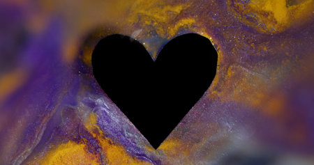 Sparkling flow. Romance overlay. Defocused blue yellow multicolor black shape heart love paint ink...