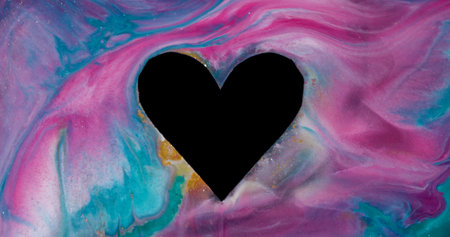 Heart frame. Sparkling paint. Defocused pink purple multicolor black shape marble texture mix on abstract art romantic background.の写真素材