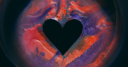 Heart round. Passion ink valentine. Defocused purple red multicolor black shape paint love frame texture spill on abstract art romantic dark background.の写真素材