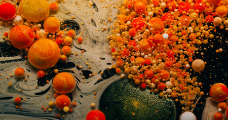 Fizzy liquid. Paint bubble burst. Glitter round particles spilling in black water. Orange red drop...