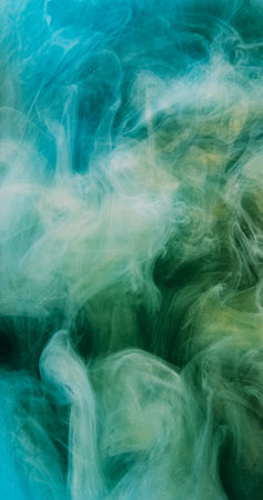 Color smoke. Abstract background. Blur green blue paint water explosion fume flow floating golden shimmering glitter particles art texture.の写真素材