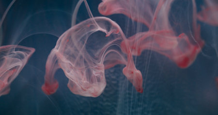 Blur paint fog. Splash liquid abstraction. Defocused pink blue color shine drops flow fluid smoke mist texture wave on art background.の写真素材