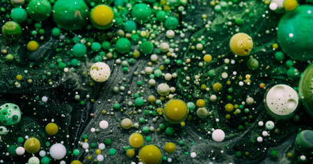 Oil drop paint. Fizzy liquid. Colorful fluid mix bubble bursting. Wave pouring green ball particles blot black abstract background.の写真素材