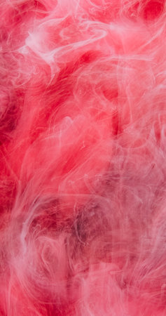 Mist background. Ink water. Blur red pink color fume shot shimmering glitter particles texture fog floating abstract cloud with free space.の写真素材