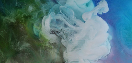 Paint drop background. Abstract colors swirl. Defocused green white glowing splashes cloud liquid water ink texture haze on art light.の写真素材