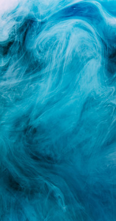 Ink water swirl. Fume texture. Blur blue color fog splash wave floating underwater flow abstract art background with free space.の写真素材