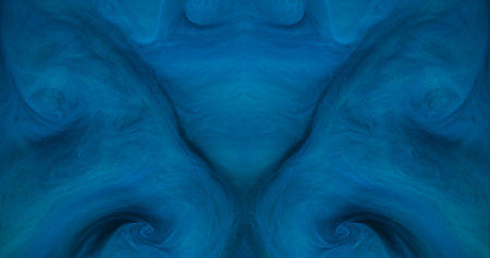 Fume paint. Flow art. Defocused blue cyan color liquid texture in acrylic water mix cloud smog...