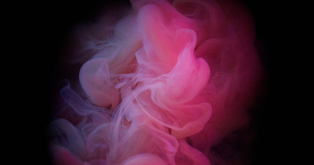 Pink smoke. Cloud splash. Vivid color fume mixing blow on black texture. Art paint blur explosion in...