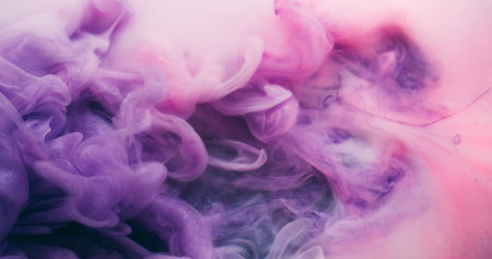 Smoke blend. Haze flow. Purple pink white swirl color stream. Paint mixing art splash defocused abstract background floating wave.の写真素材