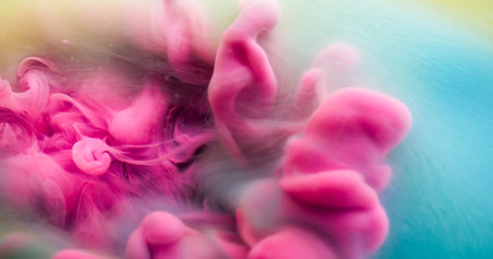 Smoke blend. Haze flow. Pink swirl color stream in blue liquid. Paint mixing art splash defocused abstract background floating wave.の写真素材