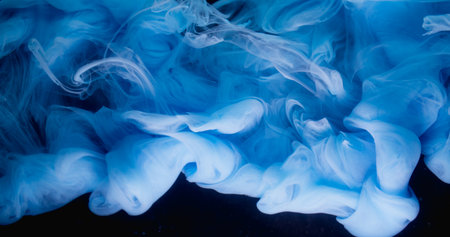 Cloud fume. Liquid splash. Defocused blue color paint water swirling smoke acrylic texture waving on...