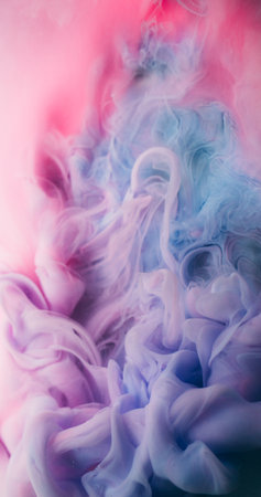 Haze splash. Smoke fluid. Colorful explosion paint flow. Art mist spill blur pink purple blue vapor water fantasy blend background.の写真素材