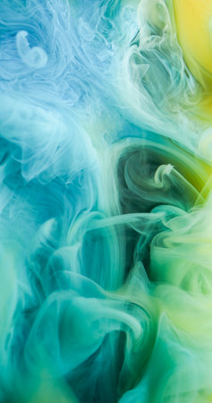 Art fog. Cloud dye. Colorful fume emulsion curl stream blending pigment. Green blue ink spill abstract fluid defocused background.の写真素材
