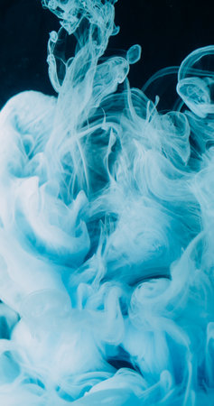 Fog swirl. Art cloud. Blue white color water whirl stream texture. Fantasy twist defocused abstract ink blow curl black background.の写真素材