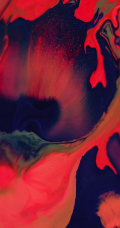 Ink flow. Stream art. Blur pink purple blue color paint in water marble emulsion blue stains spreading on abstract dark black background.の写真素材