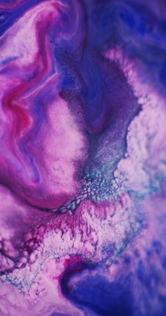 Shimmer water. Ink background. Defocused purple pink red color shiny particles fluid wet texture flowing on acrylic creative abstraction.の写真素材