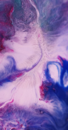 Color fluid mix. Blur marble paint. Defocused blue purple red water shiny liquid glitter flow...