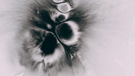 Ink blot. Splatter water. Defocused dark black white flowing chemical emulsion round texture...
