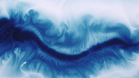 Flowing ink. Spill fluid. Defocused blue white color splash pigment splatter texture spreading on...